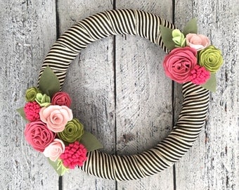 Spring Wreath, Felt Wreath with Rose and Pink Flowers, Summer Wreath, Felt Flowers, Pink Cabbage Rose, Black and White Striped Ribbon, 14"
