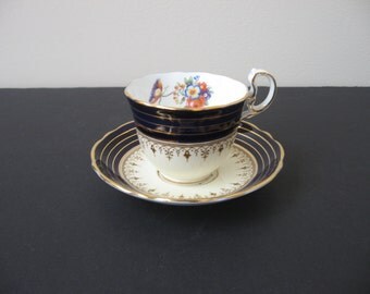 AYNSLEY Bone China DORCHESTER Cobalt Gold Bands Demi Tasse & Saucer Set