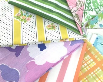 Ten vintage sheet fat quarters, bold colors