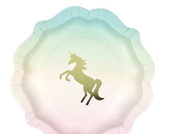 Unicorn party paper plates, girls birthday party supplies, unicorn theme party collection, magical party paper plates, pastel rainbow theme