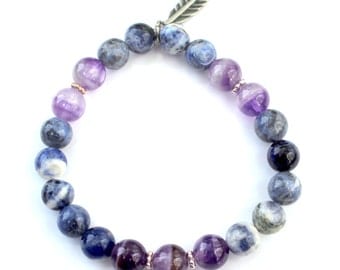 Sodalite and Amethyst Bracelet Blue and Purple 6.75" Stretch Bracelet Strong Vibration Gem, Healing, Protection Stretch Bracelet