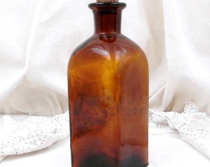 Large Square Antique French Amber Apothecary Glass Bottle with a Cork Stopper, Country Decor, Chemist, Pharmacy, Brocante, Vintage Style