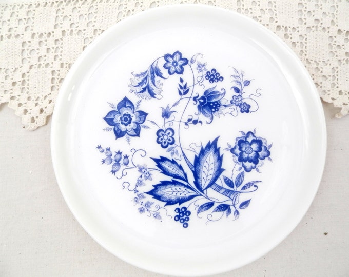 Pair 2 Vintage French White Milk Glass Dessert Plate with Blue Floral Motif, Arcopal Style Retro Home, Mid Century 1960s 1970s Decor