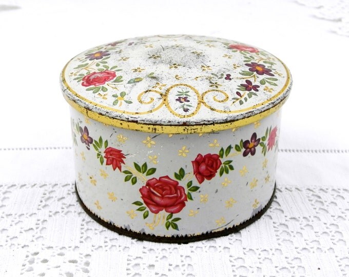 Antique French Metal Tin with Rose Floral Pattern/ Motif, Retro Vintage Shabby Romantic Home Decor, Country Cottage Boudoir Flower Box