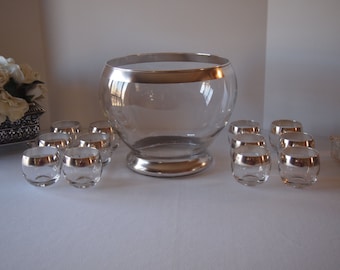 Mid-Century Silver Band Punch Bowl with 12 Matching Roly Poly Glasses