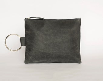 Gray Leather Purse, Leather Handbag, Gray Clutch Bag, Leather Wristlet Clutch, Wallet Clutch, Evening Purse, Leather Wristlet Purse