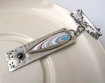 Fa-Fa-Fa-Fine - sterling silver and fordite brooch, exclamation mark brooch, ooak unique artisan jewellery, rustic oxidised silver brooch