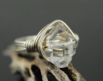 Herkimer Diamond Ring-Silver Herkimer Diamond Ring-Drilled Herkimer Diamond Crystal-Wire Wrapped Herkimer Diamond Ring-Sterling Silver Ring