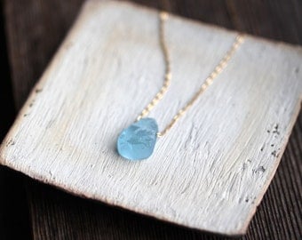 Raw Aquamarine Necklace With Dainty 14K Gold Filled Chain, Blue Crystal Pendant, March Birthstone, Rough Semi Precious Gemstone Jewelry