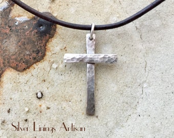 Sterling Silver Cross Necklace, Handmade Pendant, Hammered Cross, Men Women and Teens, Natural Dark Brown Leather Cord, Artisan Jewelry
