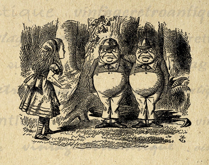 Tweedledee and Tweedledum Printable Digital Graphic Alice in Wonderland Image Download Vintage Clip Art Jpg Png Eps HQ 300dpi No.230