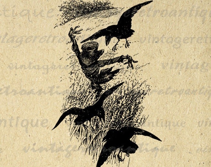 Scarecrow with Crows Flying Birds Printable Graphic Digital Illustration Download Image Antique Clip Art Jpg Png Eps HQ 300dpi No.1758