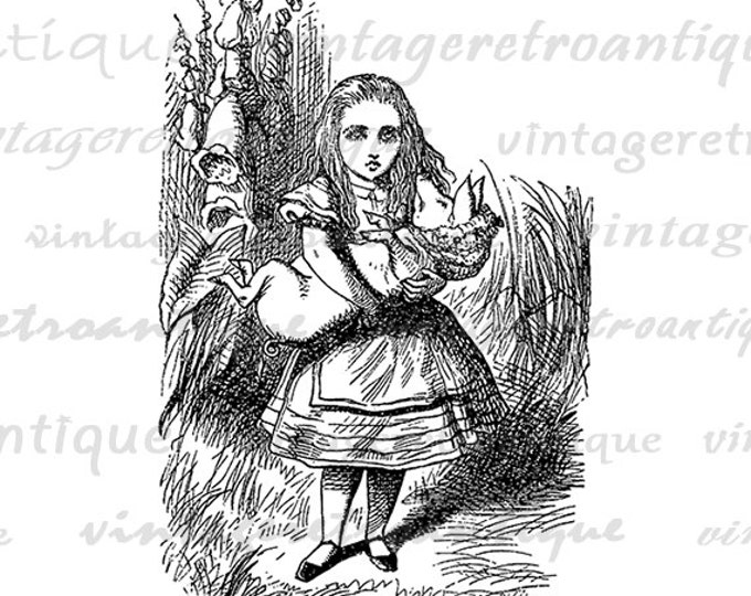 Printable Digital Alice with the Baby Pig Graphic Alice in Wonderland Image Download Vintage Clip Art Jpg Png Eps HQ 300dpi No.032