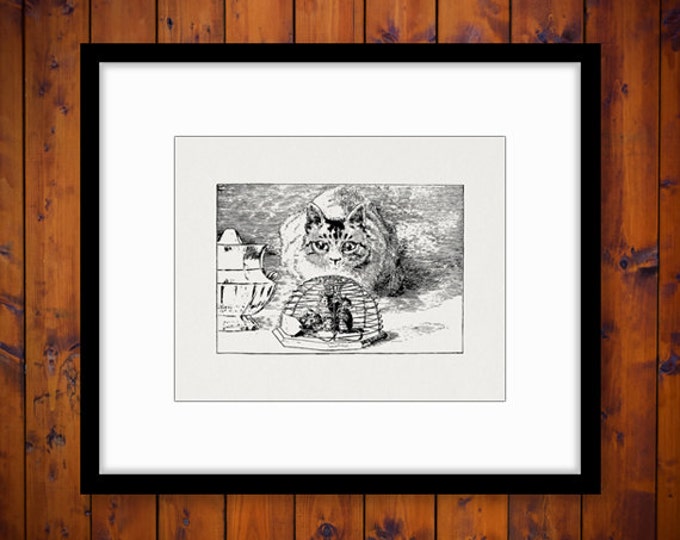 Printable Digital Cat Watching Mice Graphic Illustration Image Download Vintage Clip Art Jpg Png Eps HQ 300dpi No.3284