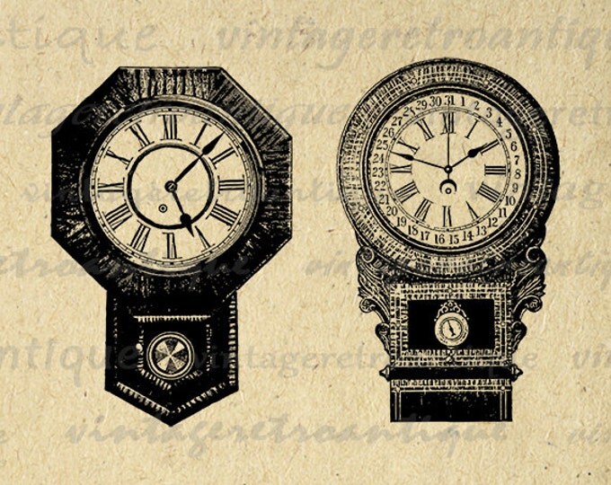 Two Antique Clocks Digital Image Download Collage Sheet Antique Time Printable Graphic Jpg Png Eps HQ 300dpi No.3745