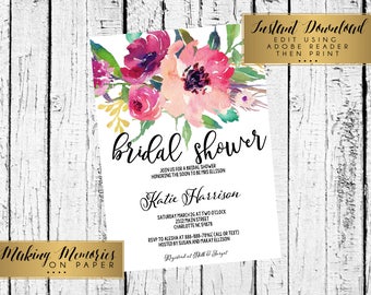 Floral Bridal Shower Invitation, Baby Shower, INSTANT DOWNLOAD Watercolor Flowers, Floral Invitation, birthday, DIY, Flower Invite, boho
