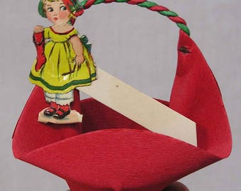 Vintage Christmas Crepe Paper Nut Cup Party Favor Diecut Girl Tag Reed Company