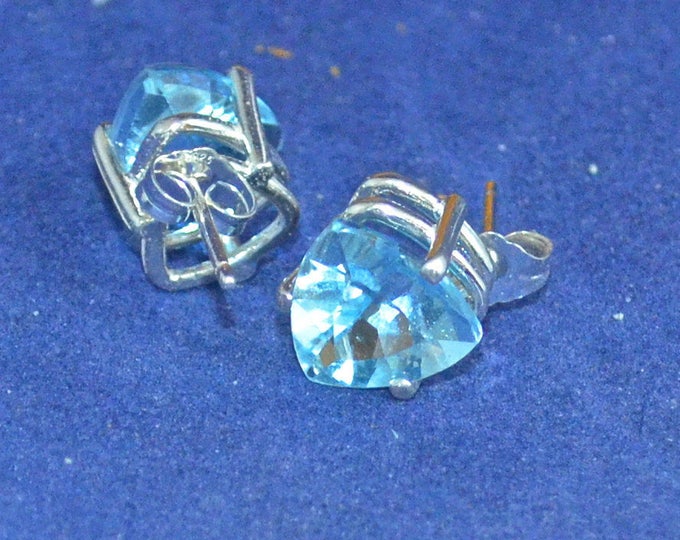 Swiss Blue Topaz Studs,10mm Trillion, Natural, Set in Sterling Silver E1007