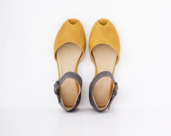 Peep toe Leather Sandals , Handmade Leather Women's Flat Sandals , Yellow and Gray Sandals ADIKILAV On Sale 15% off