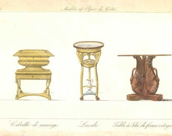Original Antique Hand Colored Engraving,Furniture from Collection de Meubles et Objets de Goût by Pierre de La Mésangère (1761-1831)