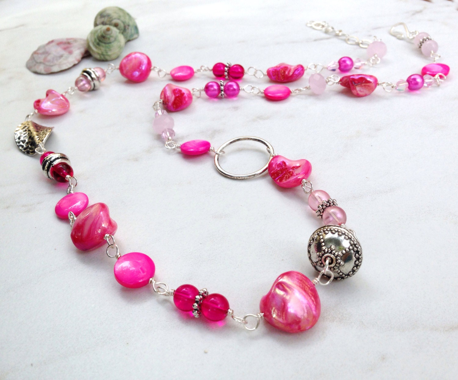 Long hot pink bead necklace bright pink silver by EvadesignsMaine