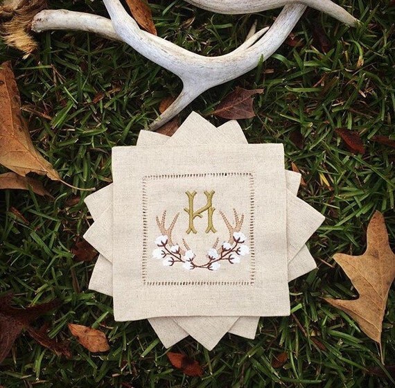 Antlers and Cotton Monogrammed Linen Cocktail Napkins