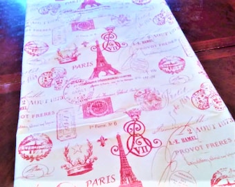 Table Runner, Red French Script Table Linen, French Eiffel Tower, Table Cloth/Scarf, French, Banquet, 14''x72'' Buffet Runner, Dresser Scarf