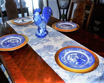 Blue Toile Table/Bed Runner, French Toile Table Cloth/Scarf, French Table/Bed Linen, 16''x72'' Buffet Runner, Dresser Runner, Toile Scarf.