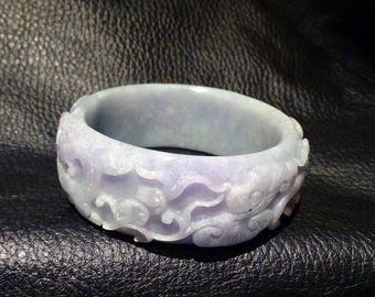 Lavender Jade Bangle, Carved Jadeite, Vintage,Natural Color, 60 mm, 120.2 Grams