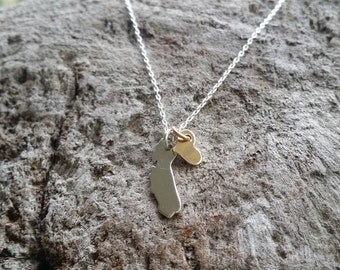 California Love, Tiny Sterling Silver California Necklace, Gold Heart, Silver Necklace, I Love California, Necklace, Small Silver Necklace