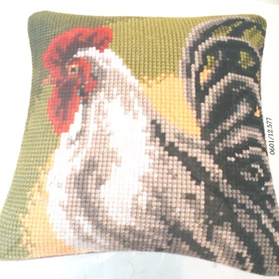 Vervaco Rooster Pillow Covers Needlepoint Kit, Black White and Red