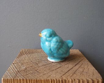 Ceramic Bird / Turquoise bird with Gilded beak / Vintage Sparrow / Shelf sitter / Home decor / Small Gift