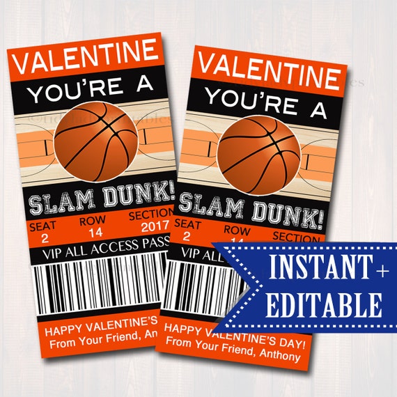 EDITABLE Basketball Ticket Valentine's Day Cards INSTANT