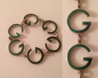 70s GUCCi vintage sterling silver 925 G link bracelet / Gucci green enamel logo bracelet