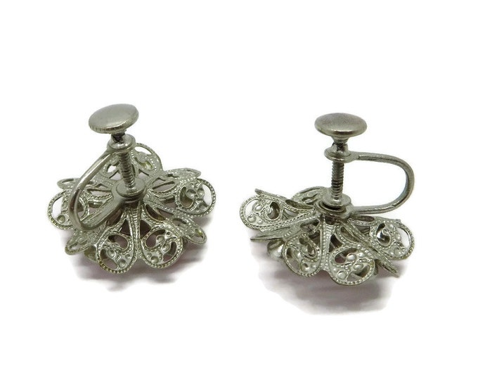 Vintage Pink Rhinestone Flower Earrings, Silvertone Screw Back Earrings
