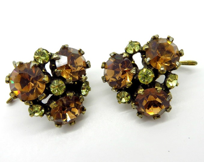 Vintage Orange and Green Rhinestone Wingback Earrings