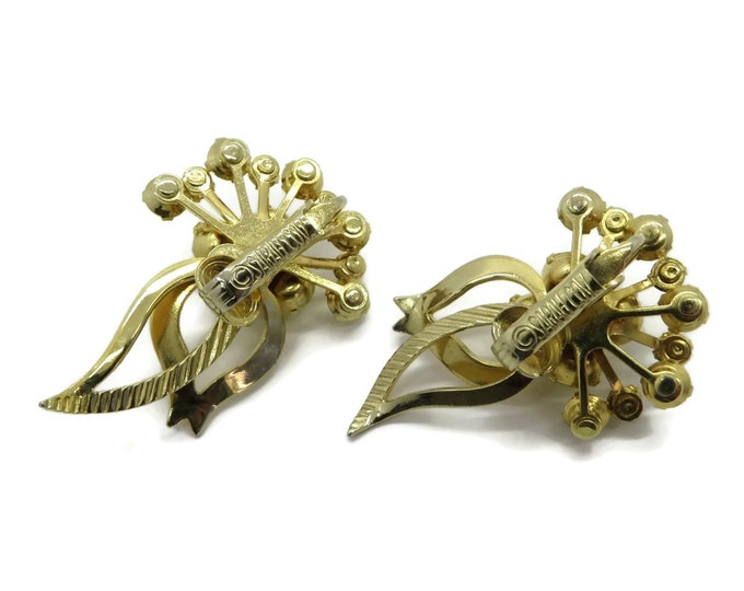 Sarah Coventry Monte Carlo Earrings, Gold Tone Rhinestone Clip-on Earrings Designer Signed Costume Jewelry Gift Idea