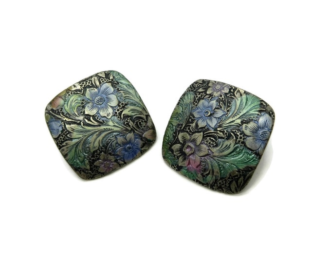 Vintage Etched Flower Pierced Earrings, Painted Floral Square Pierced Studs