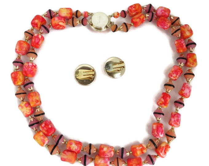 Hong Kong Necklace Earrings Set, Vintage Pink Orange Double Strand Necklace, Button Clip-on Earrings, Demi Parure