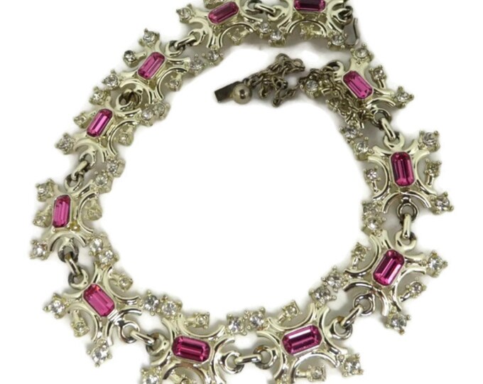 Pink Rhinestone Jewelry Set - Vintage Duane Necklace, Earrings Set, Silver Tone Demi Parure, Holiday Gift