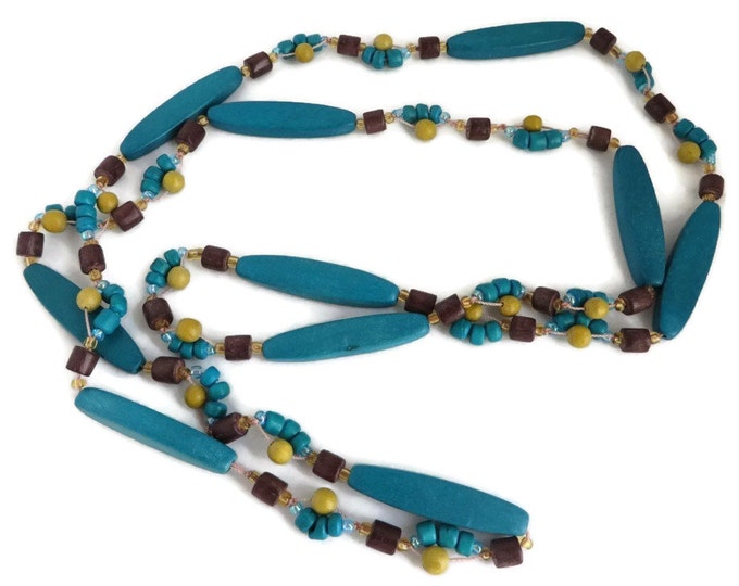 Teal Blue Wood Necklace, Vintage Beaded Necklace, Boho Hippie Jewelry, FREE SHIPPING