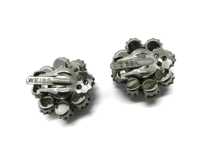 Weiss Milk Glass Earrings, Vintage AB Rhinestone Flower Clip-on Earrings