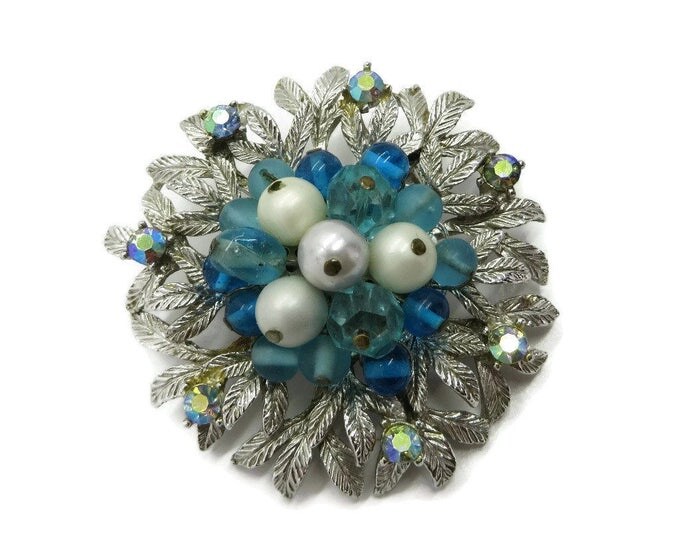 Coro Silver Tone Blue and White Bead AB Rhinestone Flower Brooch Pin