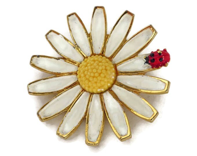Weiss Daisy Brooch, Vintage White and Yellow Pin, Ladybug Pin, Signed Designer Jewelry, Gift idea, Gift Box