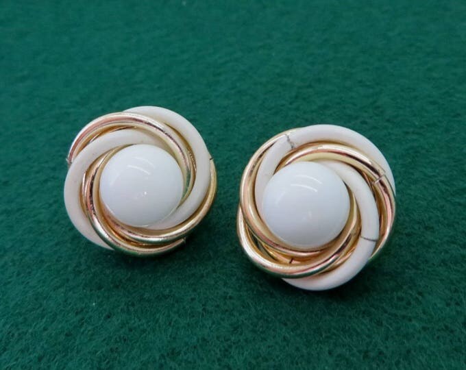 Trifari White Gold Earrings - Vintage Designer Signed Swirl Clip-on Earrings