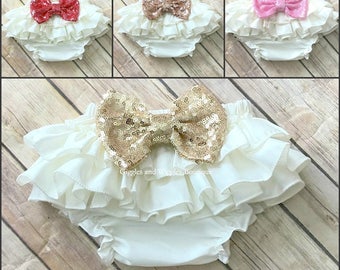 Baby girl clothes, cream bloomers, baby bloomers, diaper cover, newborn girl bloomer, infant girl bloomer, sequin bow, baby shower gift