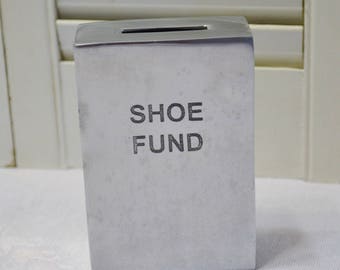 Vintage Shoe Fund Coin Bank Piggy Bank Silver Metal Black Graphics PanchosPorch
