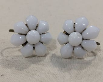 Vintage West German Milk Glass Bead White Flower Screw Back Earrings