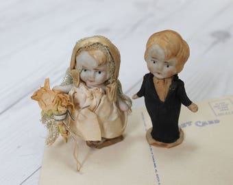 Antique Small Kewpie Doll Bride & Groom Set, Vintage Bisque Wedding Figures Cake Topper, Wedding or Anniversary Decor
