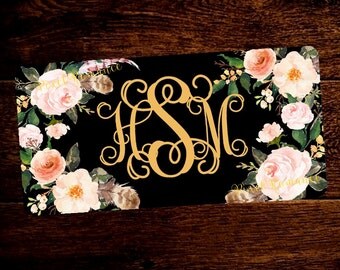 Personalized License Plate Monogram Car Tag Set Floral Boho Blush Peach Flowers Feathers Bouquets on Black Add Matching License Frame